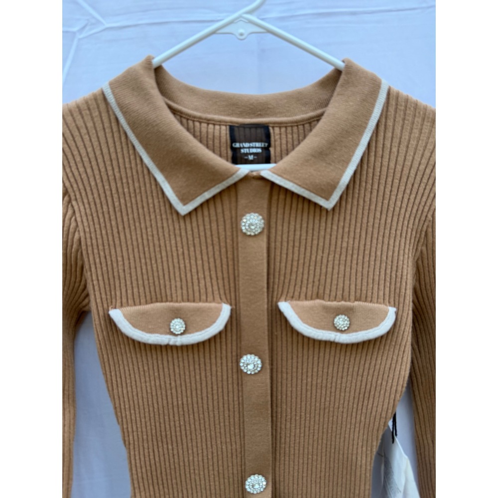 Grand Street Studios Camel Ribbed Knit Rhinestone Button Polo Mini Dress M NEW - Picture 5 of 12
